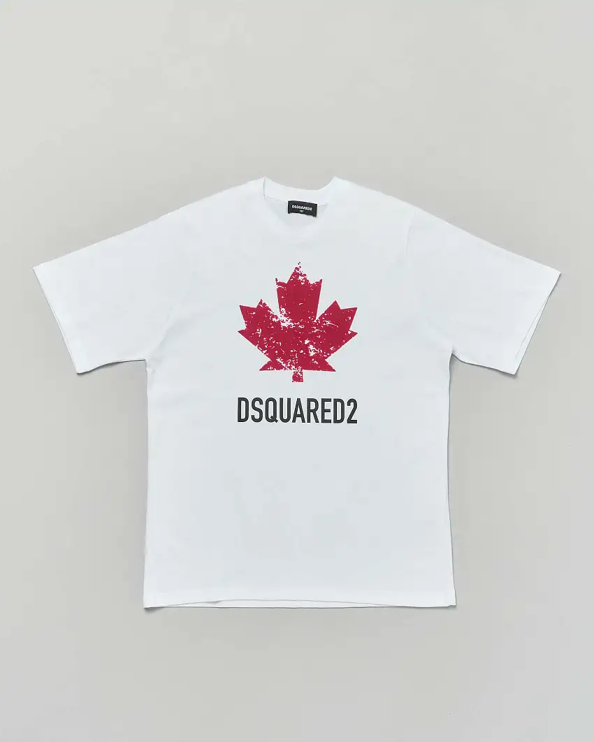 T-shirt Dsquared2 bianca in puro cotone con foglia logo rossa