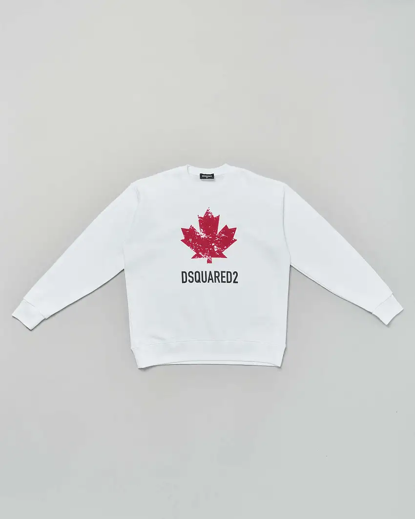 Felpa girocollo Dsquared2 bianca in puro cotone con maxi foglia logo