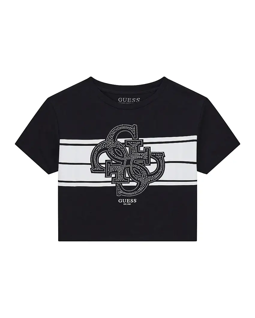 T-shirt cropped nera Guess in cotone stretch a maniche corte con logo glitterato