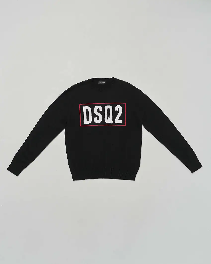 Maglioncino Dsquared2 nero in lana con scritta logo rossa e bianca