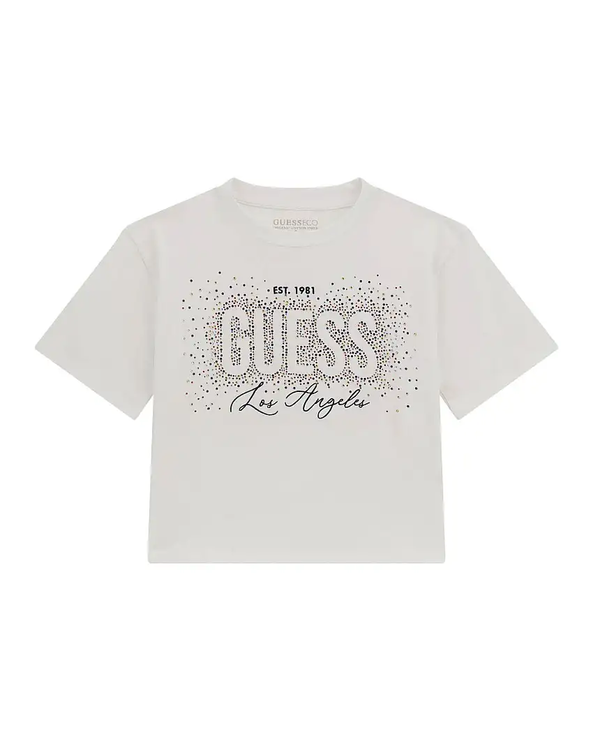 T-shirt cropped bianca Guess in cotone stretch a maniche corte con logo glitterato multicolor
