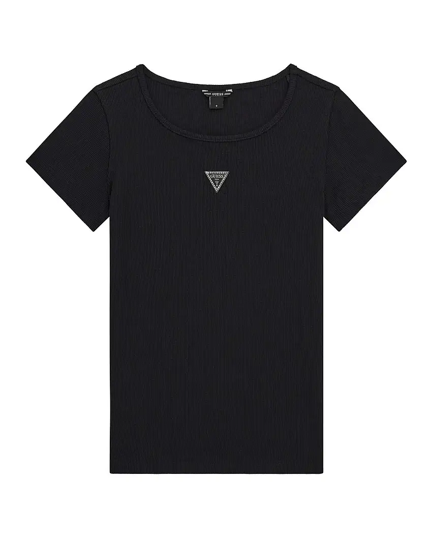 T-shirt Guess nera a costine in cotone stretch a maniche corte