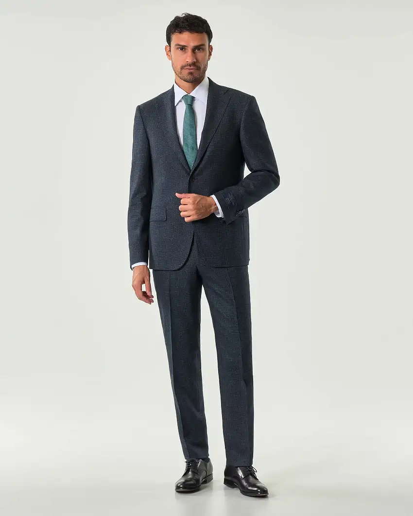 Abito Pellizzari drop6 blu micro pied de poule in tela di lana e seta Vitale Barberis Canonico