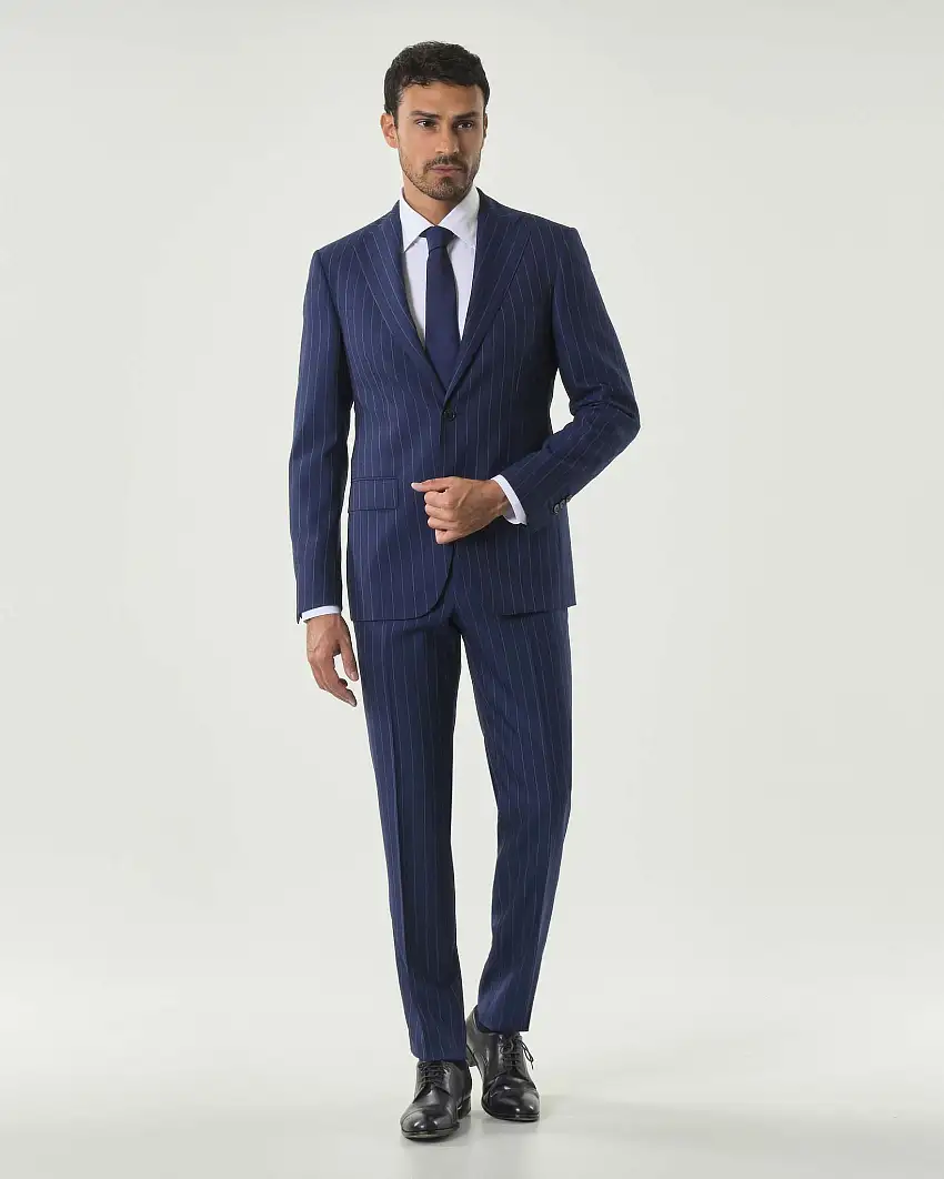 Abito Pellizzari drop7 blu gessato in tela di lana Vitale Barberis Canonico