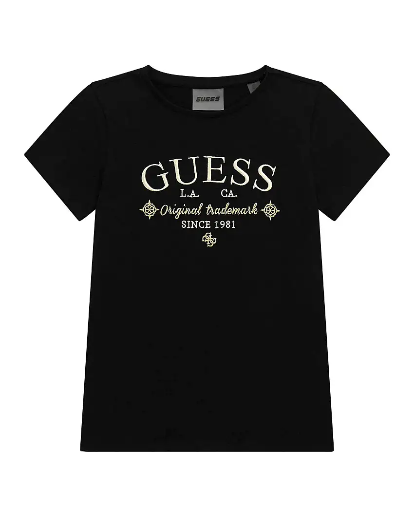 T-shirt Guess nera in puro cotone a maniche corte con logo oro