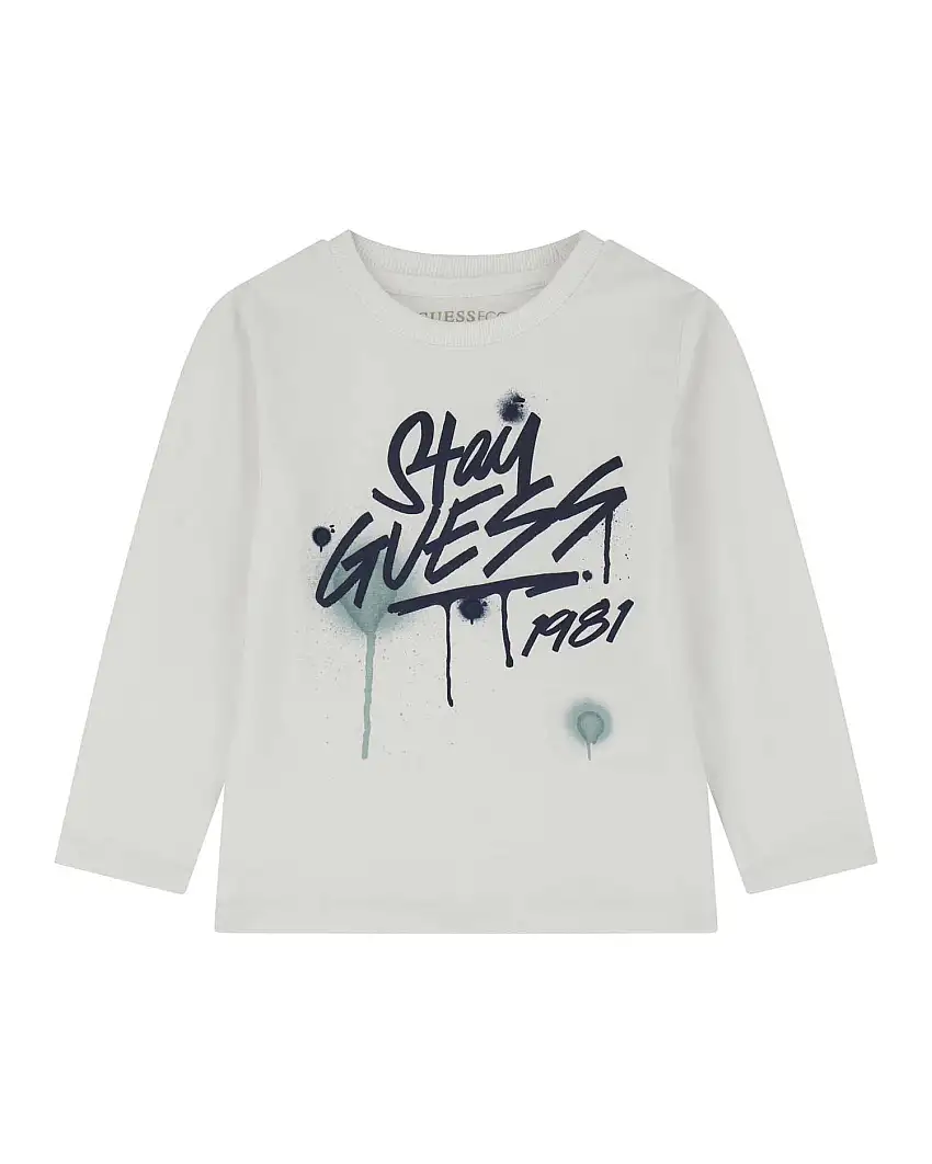 T-shirt Guess bianca a maniche lunghe in puro cotone con logo colato