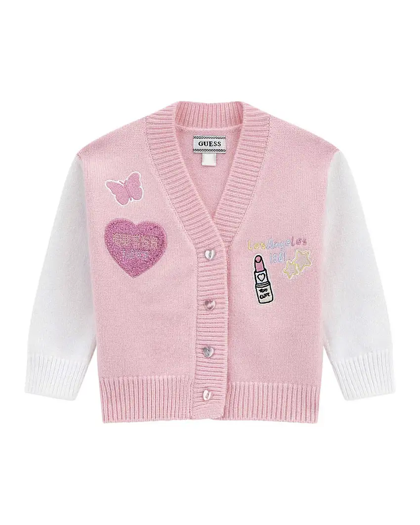 Cardigan Guess in misto viscosa rosa e bianco con patch
