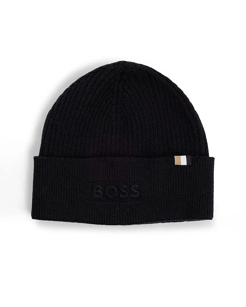 Berretto Boss nero in misto cotone e lana a costine
