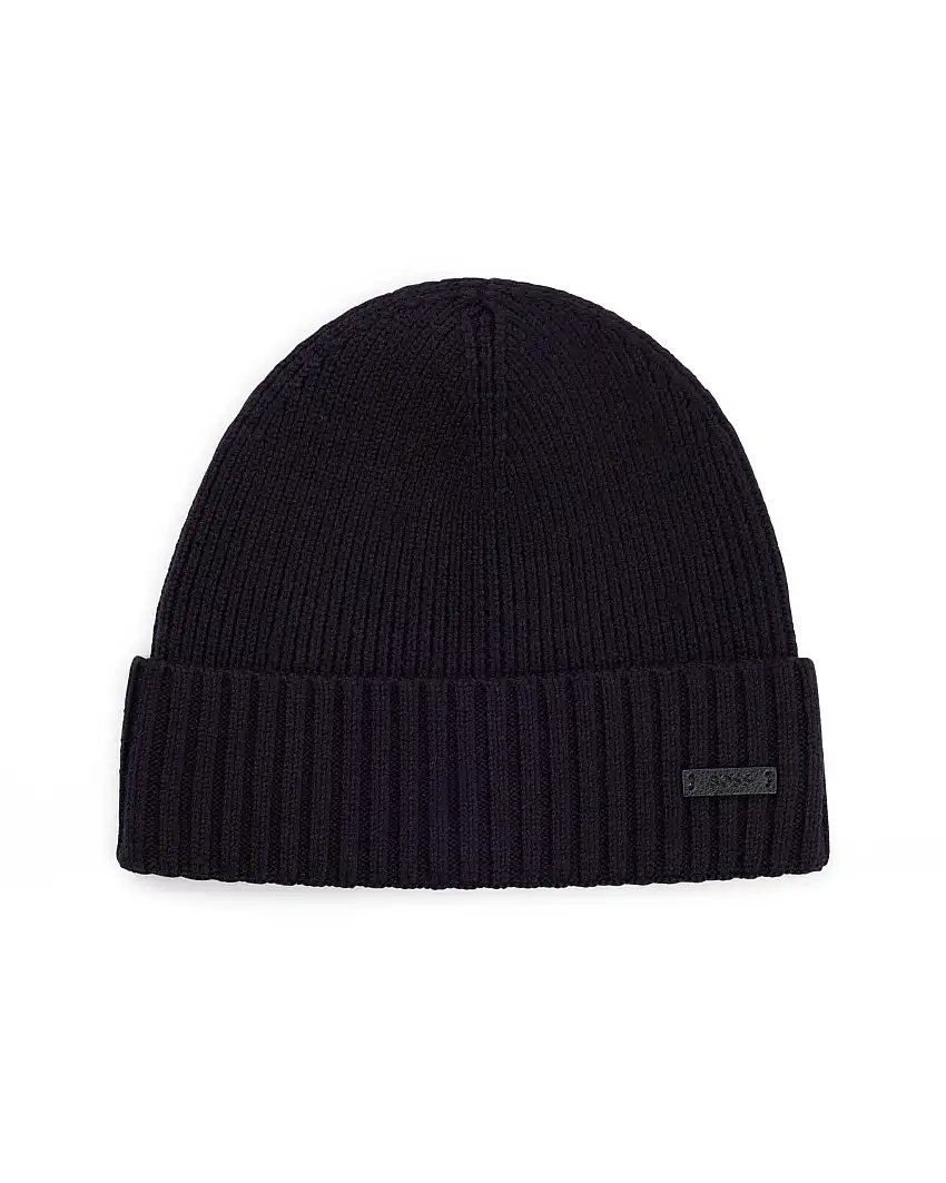 Berretto Boss blu in pura lana a costine