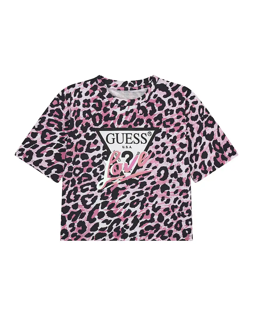 T-shirt cropped rosa Guess in cotone stretch a maniche corte con fantasia maculata