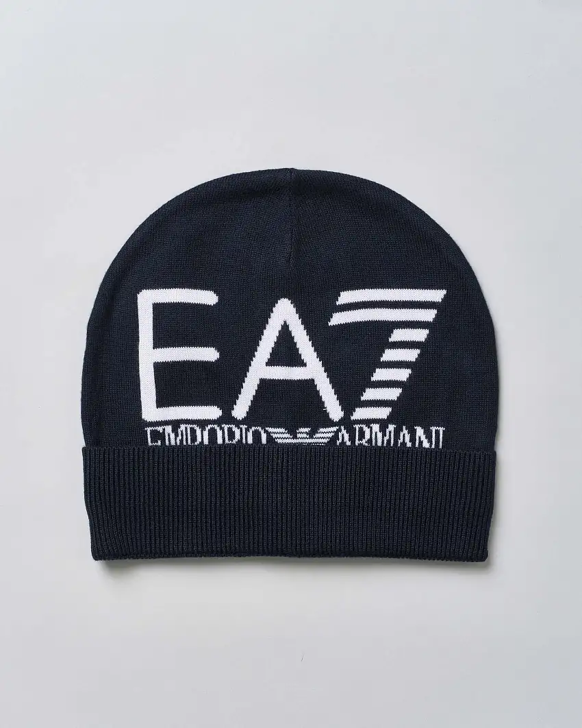 Berretto blu in maglia a costine con risvolto e maxi logo jacquard bianco davanti