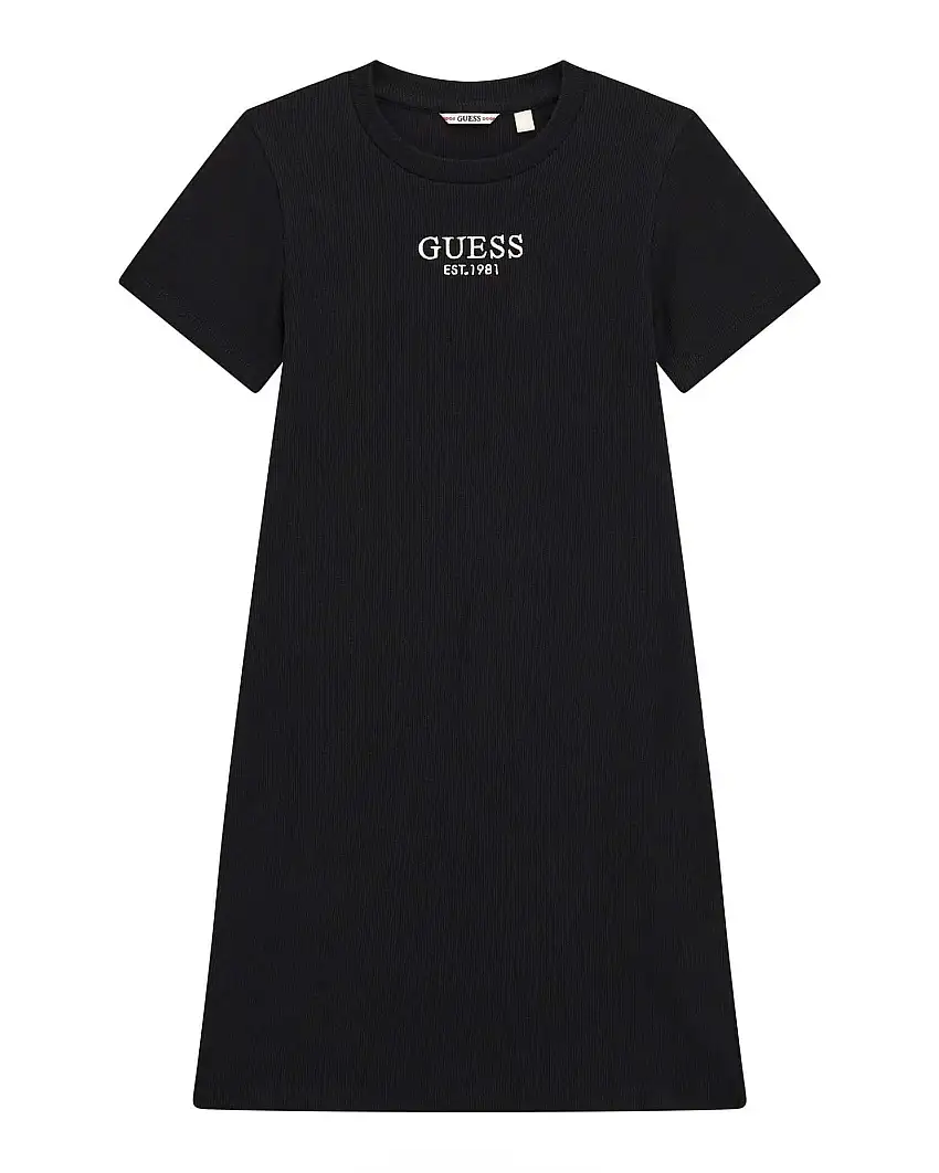 Abito longuette Guess nero a costine in cotone stretch e maniche corte