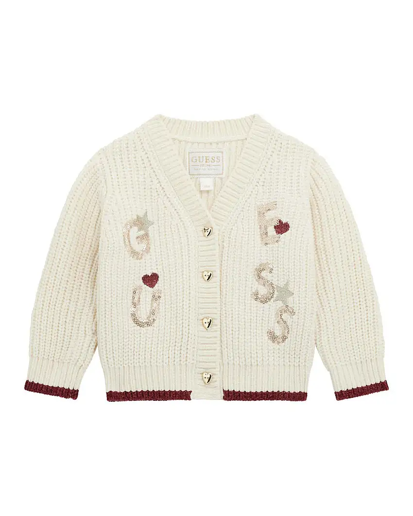 Cardigan Guess lavorato tricot panna con bottoni cuore e scritta logo