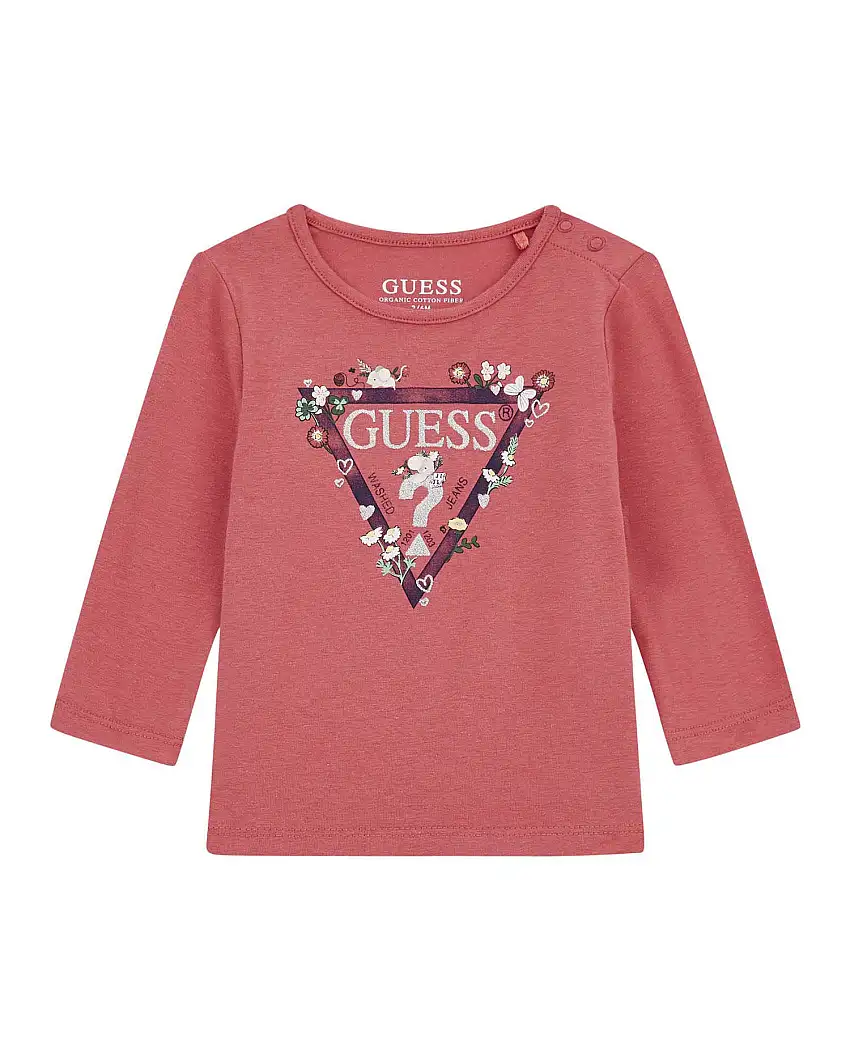 T-shirt Guess in cotone stretch color peonia con logo icon e fiorellini