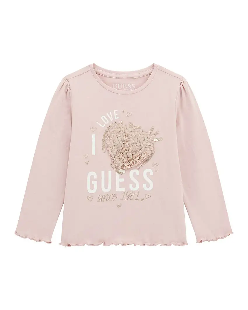 T-shirt Guess in cotone stretch rosa con cuore in rilievo