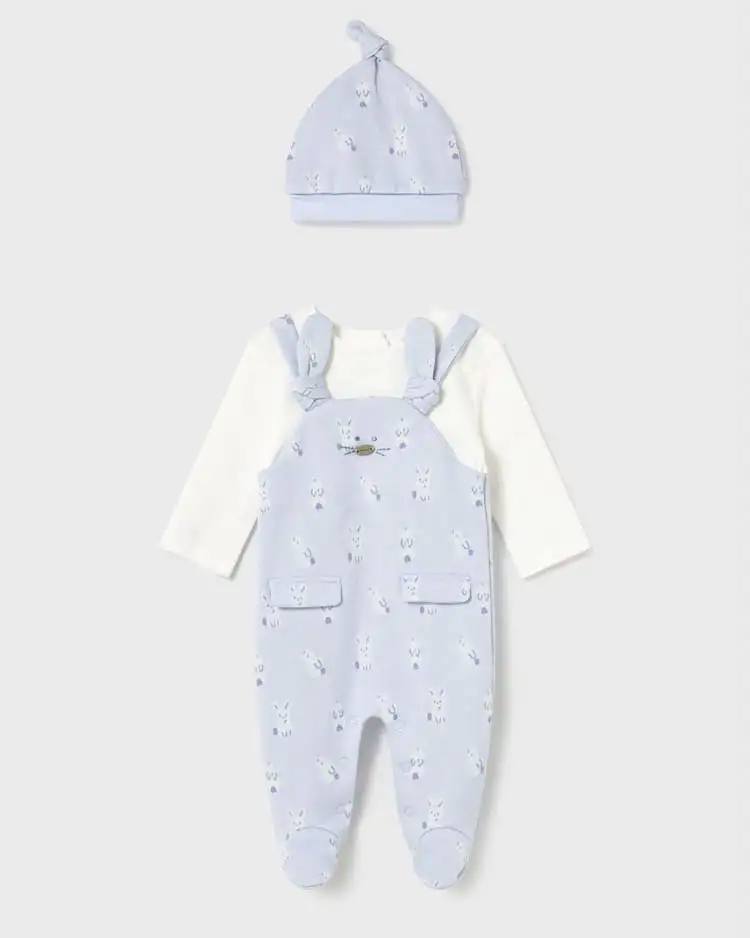 Tutina Mayoral azzurra e bianca con cappellino e fantasia coniglietti
