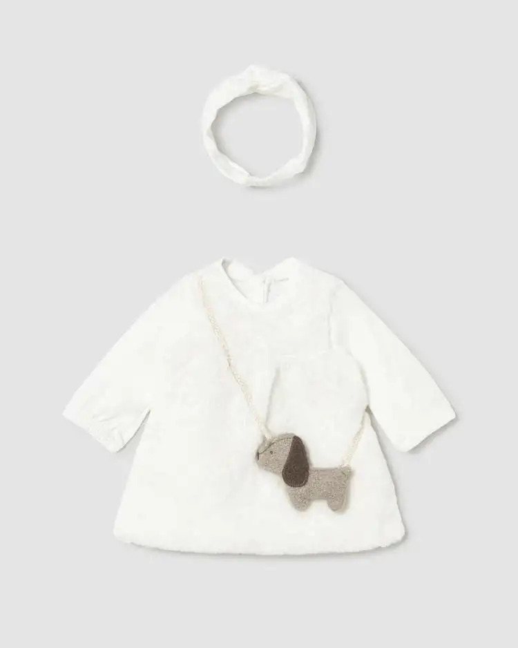 Abito Mayoral bianco in ecopelliccia con cagnolino 3D e fascia