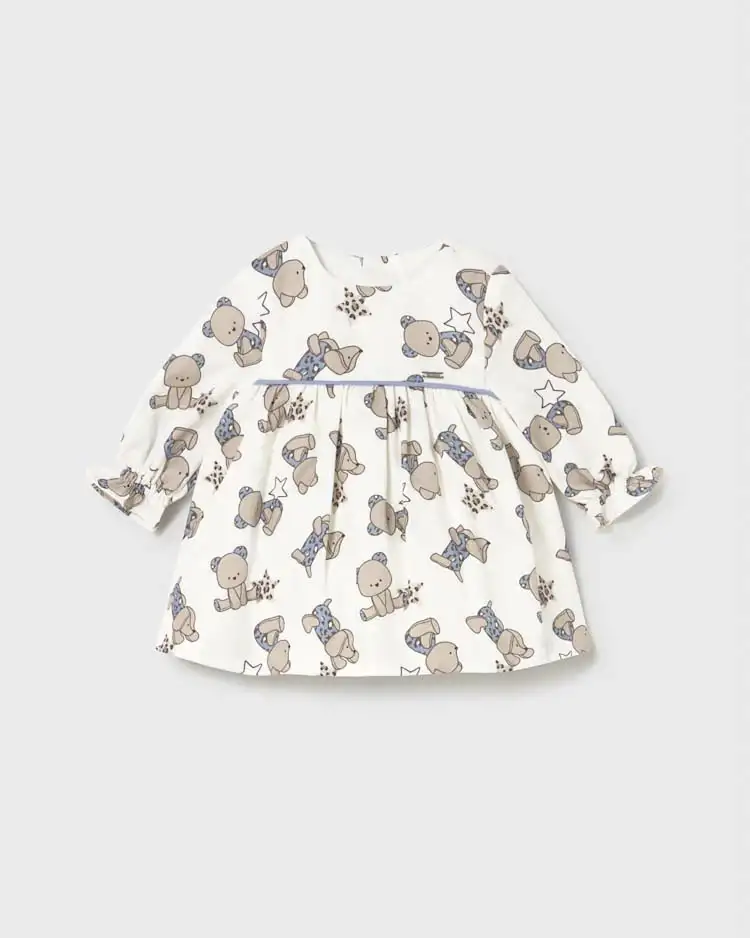 Abito Mayoral avorio fit and flare a maniche lunghe in velluto con stampa orsetti