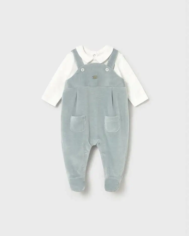 Tutina Mayoral verde acqua e bianca in velluto a maniche lunghe