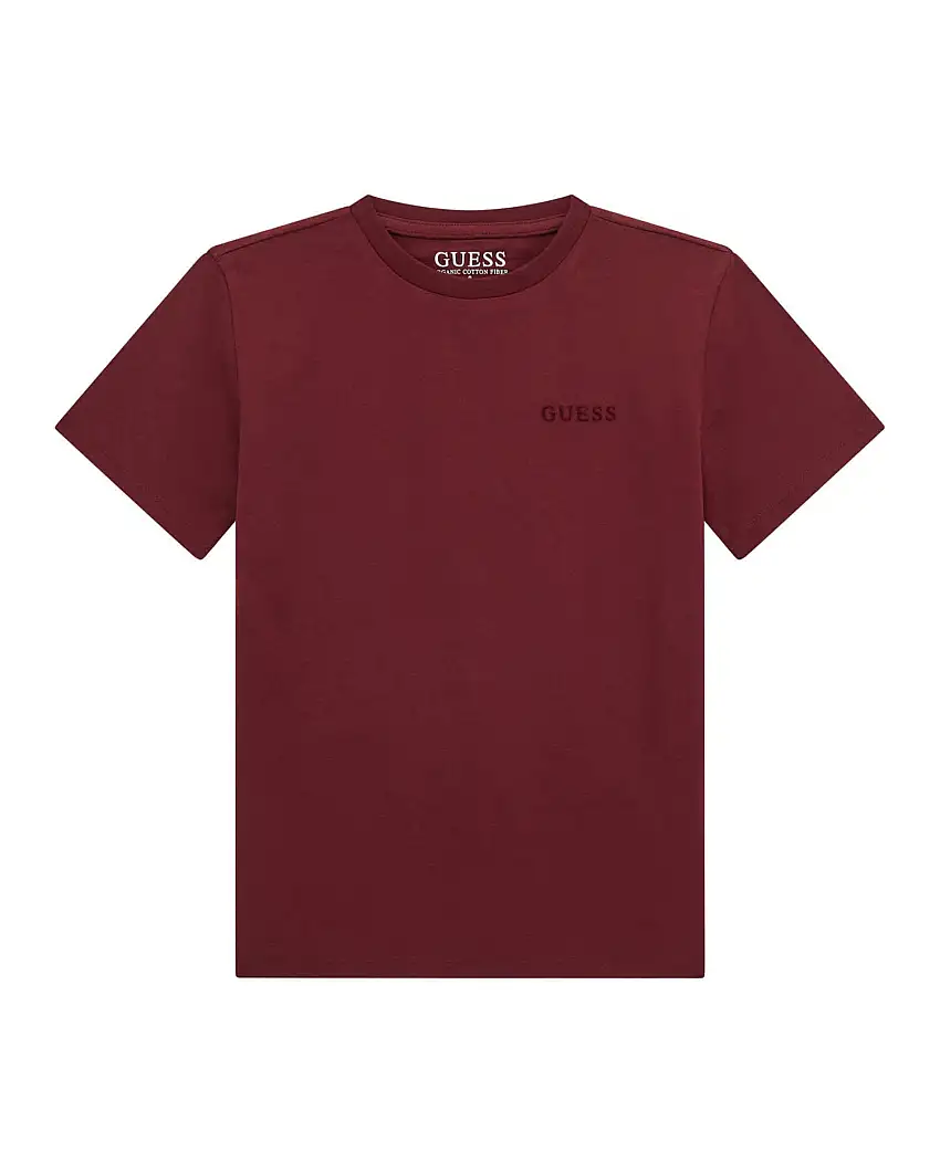 T-shirt Guess bordeaux mezza manica in puro cotone con maxi triangolo logo sul retro